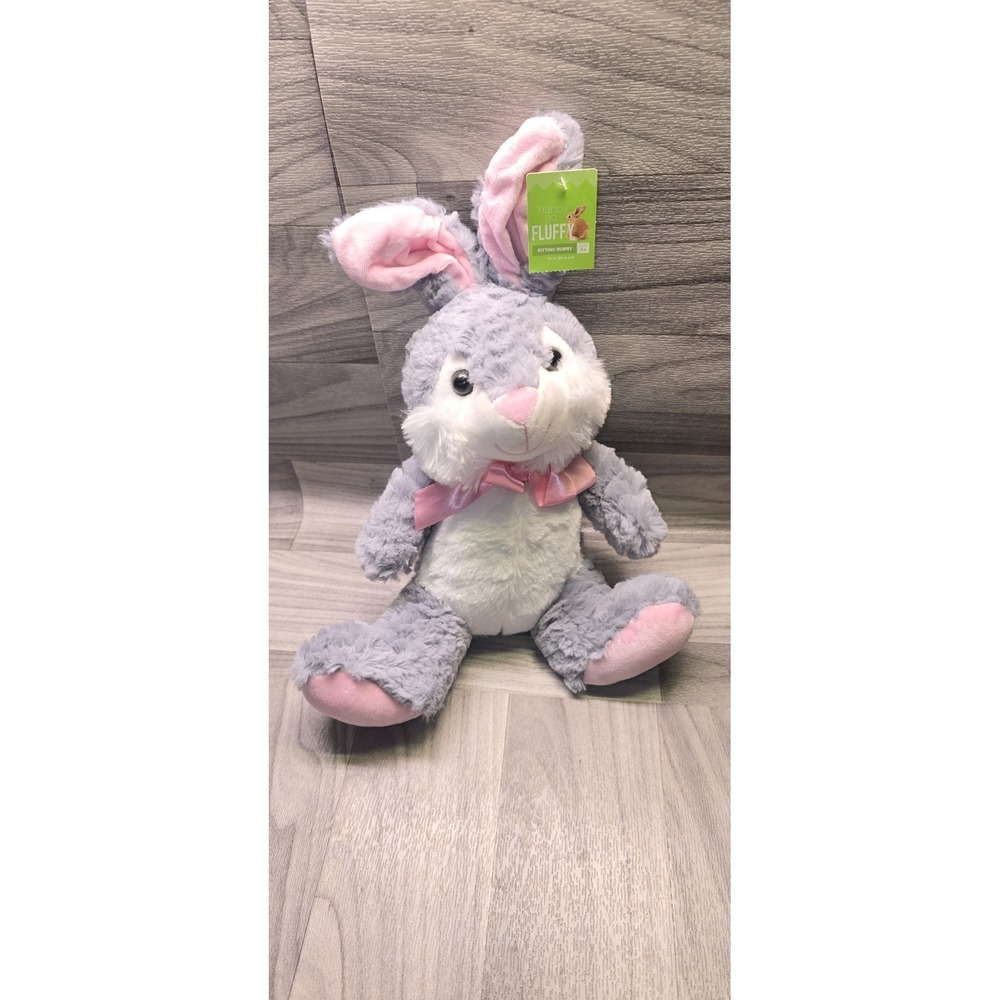 Bunny Rabbit Plush Happy Go Fluffy Gray Pink 13" Easter Bunny